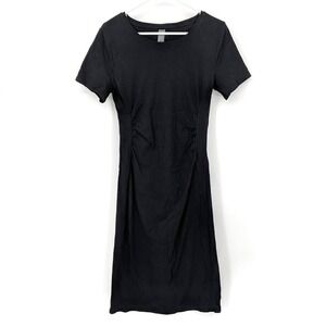 Zuda Short‎ Sleeve Round Neck Rib Ruching Midi Dress Black Women's Size Small